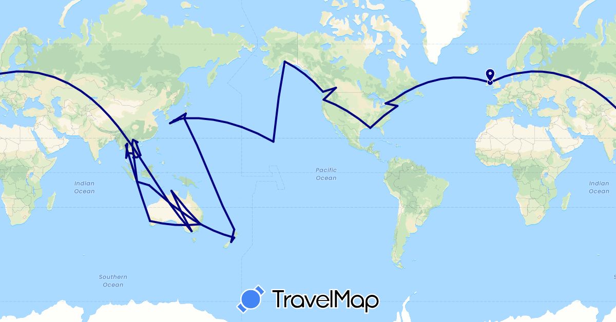 TravelMap itinerary: driving in Australia, Canada, Indonesia, Ireland, Japan, Cambodia, Laos, New Zealand, Thailand, United States, Vietnam (Asia, Europe, North America, Oceania)